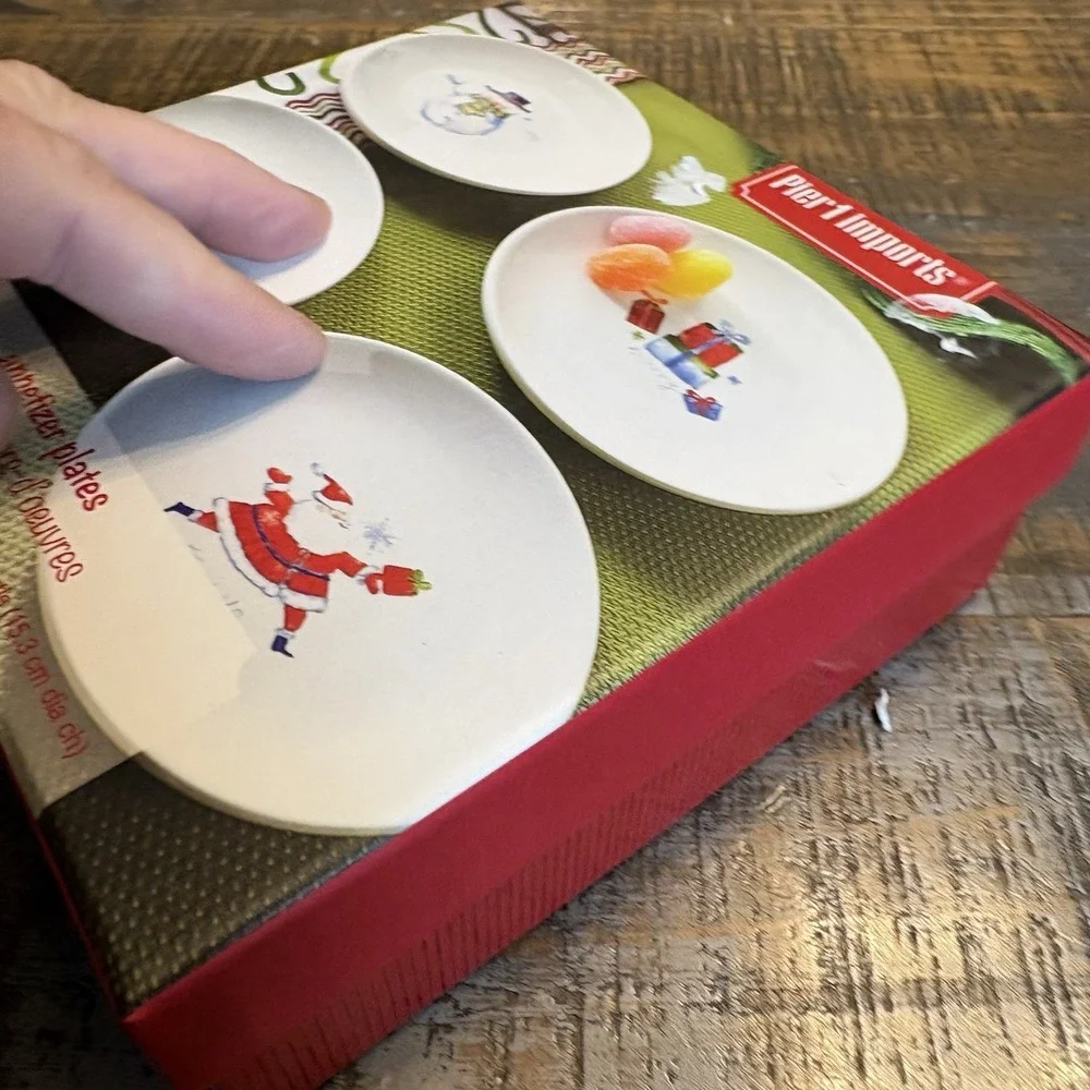 Pier 1 Imports Holiday Appetizer Plates Set Four Christmas Santa Snowman